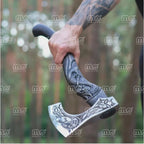 Authentic Hand Forged Viking Axe – Norse Hatchet with Intricately Carved Handle & Leather Sheath