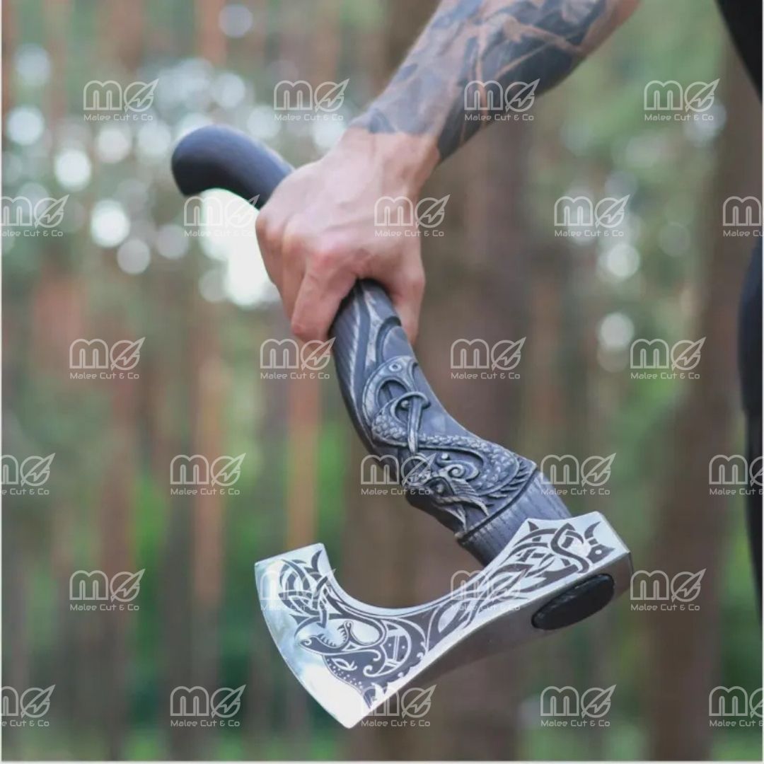 Authentic Hand Forged Viking Axe – Norse Hatchet with Intricately Carved Handle & Leather Sheath