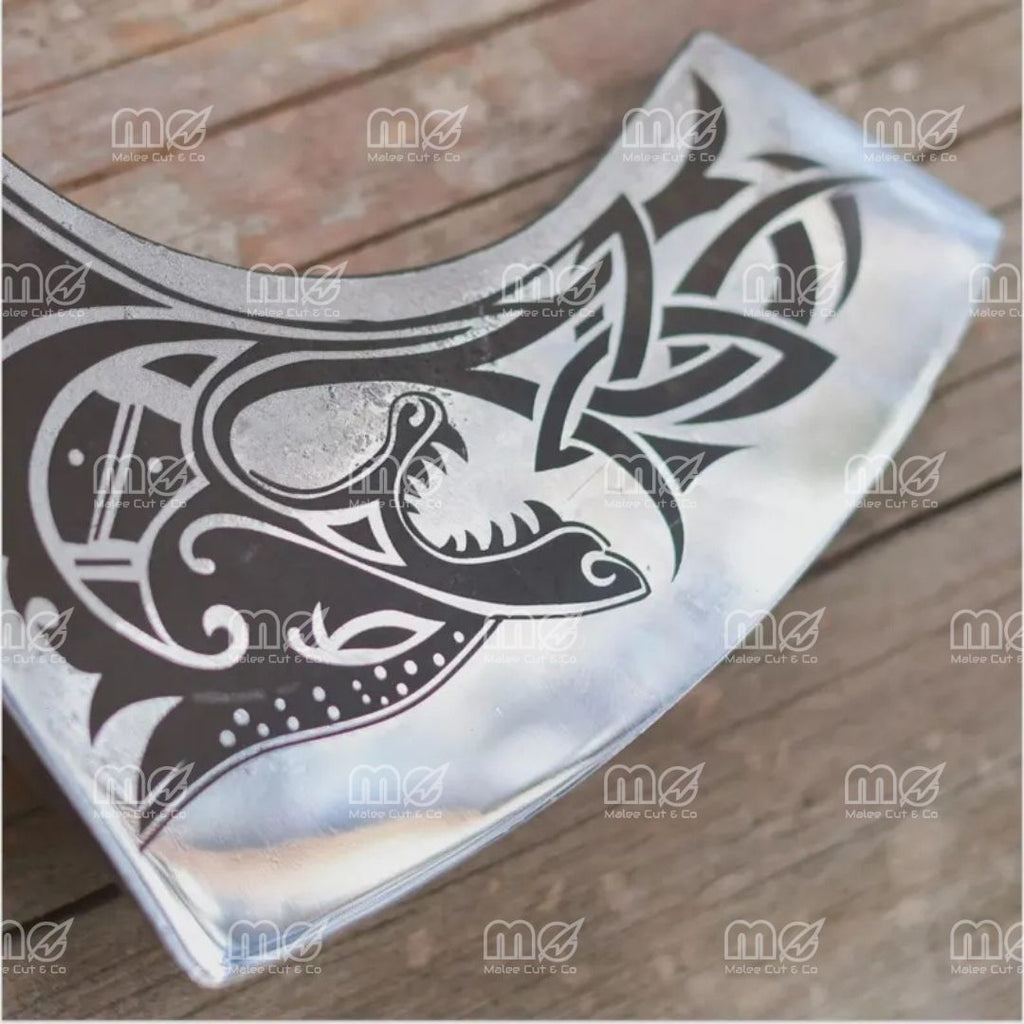 Authentic Hand Forged Viking Axe – Norse Hatchet with Intricately Carved Handle & Leather Sheath