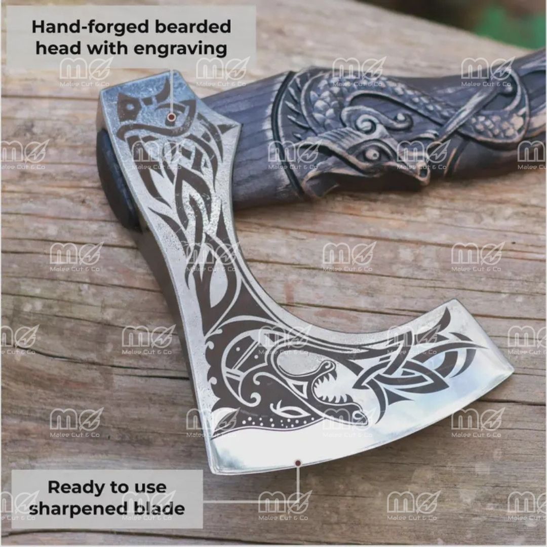 Authentic Hand Forged Viking Axe – Norse Hatchet with Intricately Carved Handle & Leather Sheath
