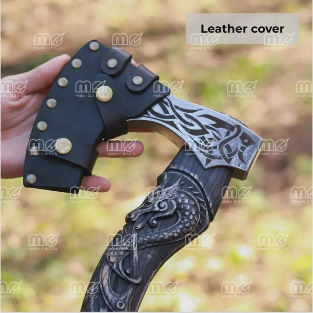 Authentic Hand Forged Viking Axe – Norse Hatchet with Intricately Carved Handle & Leather Sheath