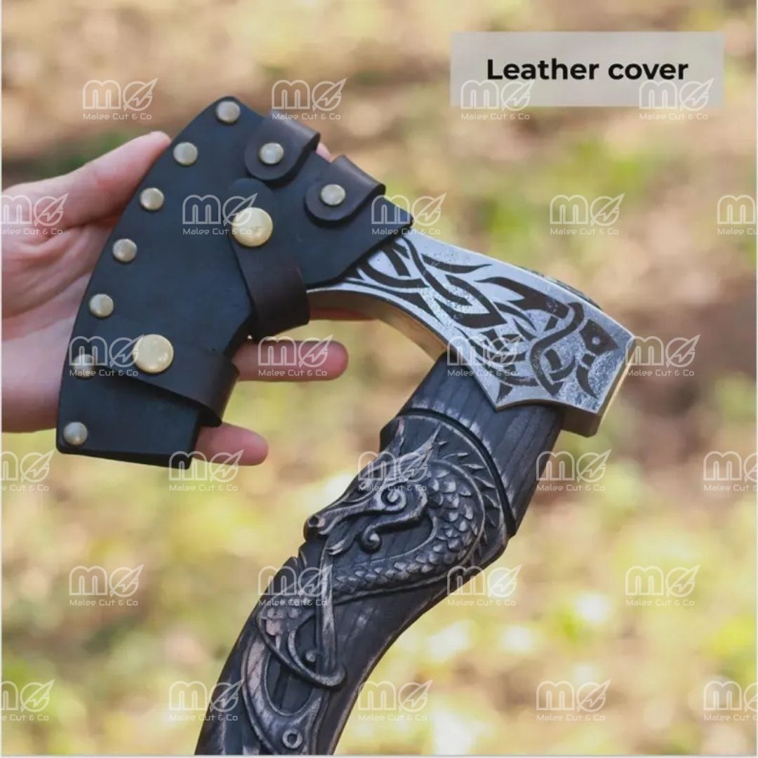 Authentic Hand Forged Viking Axe – Norse Hatchet with Intricately Carved Handle & Leather Sheath