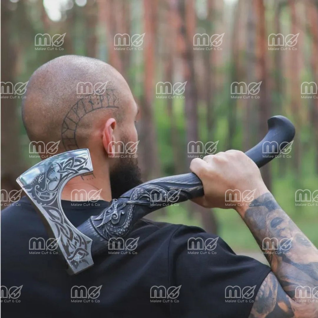 Authentic Hand Forged Viking Axe – Norse Hatchet with Intricately Carved Handle & Leather Sheath