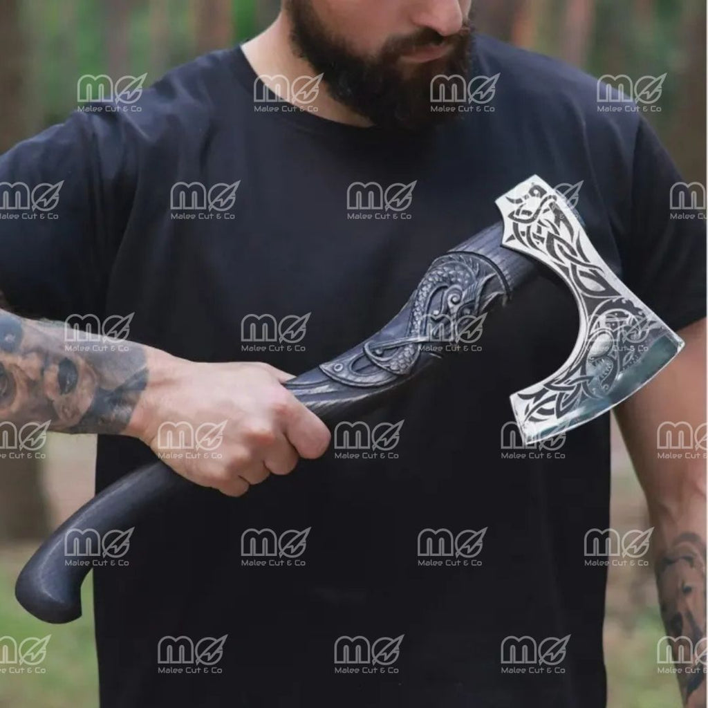 Authentic Hand Forged Viking Axe – Norse Hatchet with Intricately Carved Handle & Leather Sheath