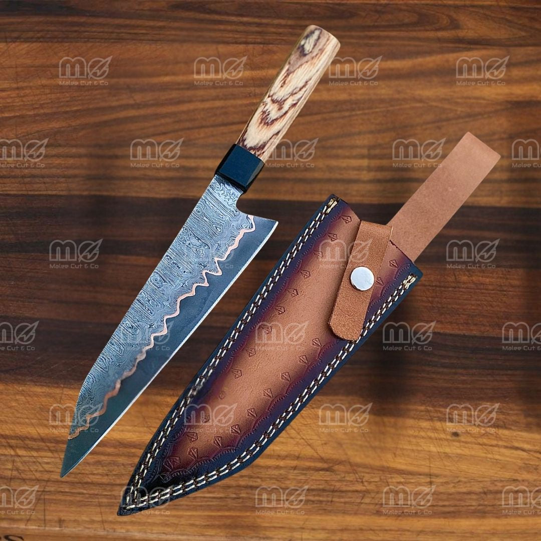 Handmade Copper Damascus Chef Knife | Resin & Pakka Wood Handle
