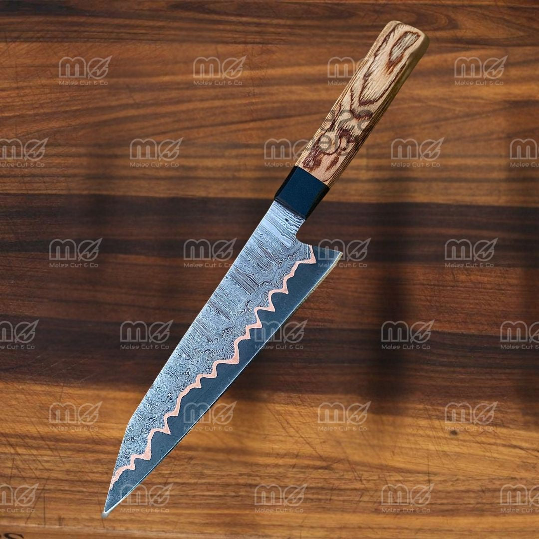 Handmade Copper Damascus Chef Knife | Resin & Pakka Wood Handle