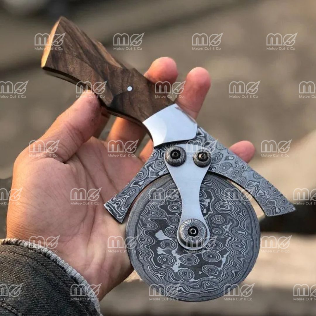 Custom Personalized Damascus Pizza Cutter – Hand Forged Pizza & Bread Slicer