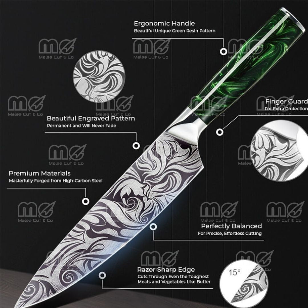 16-Piece Japanese Chef Knife Block Set – Green Resin Handles & Acacia Wood Block