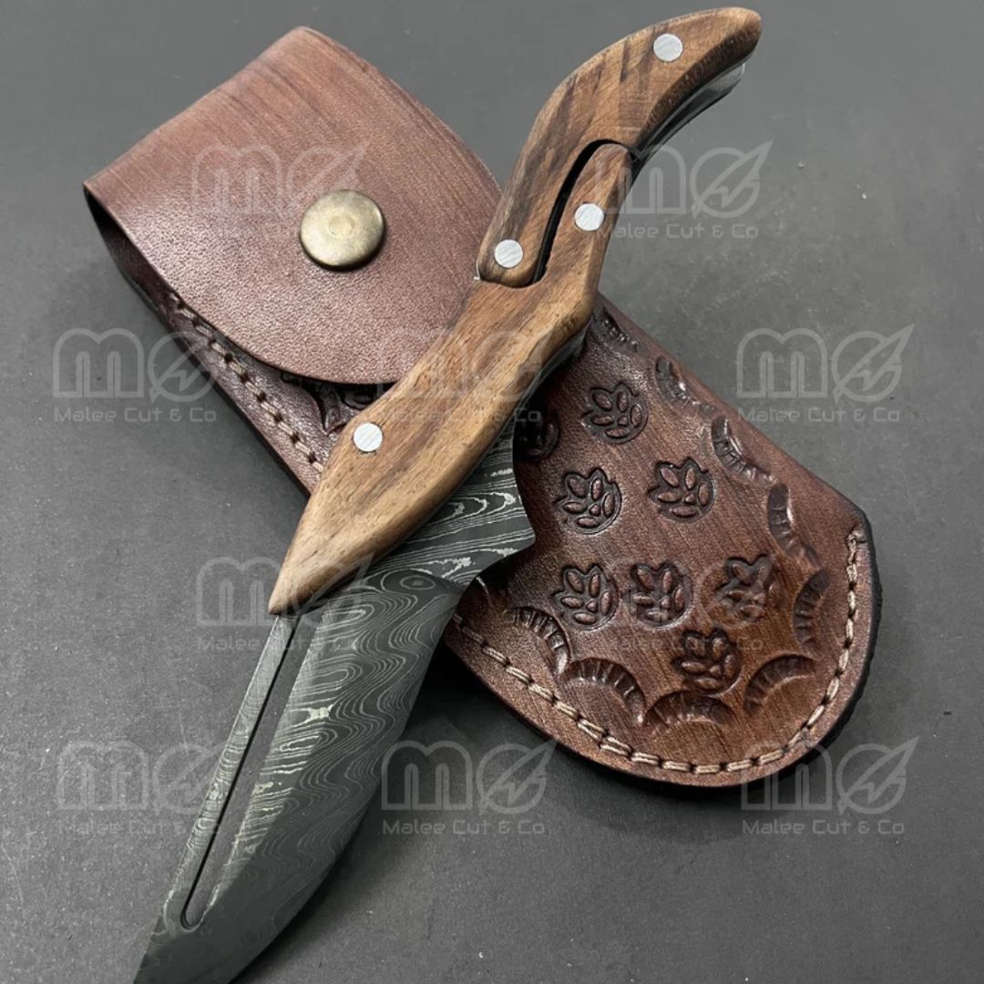 Handmade Damascus Steel Folding Pocket Knife with Leather Case