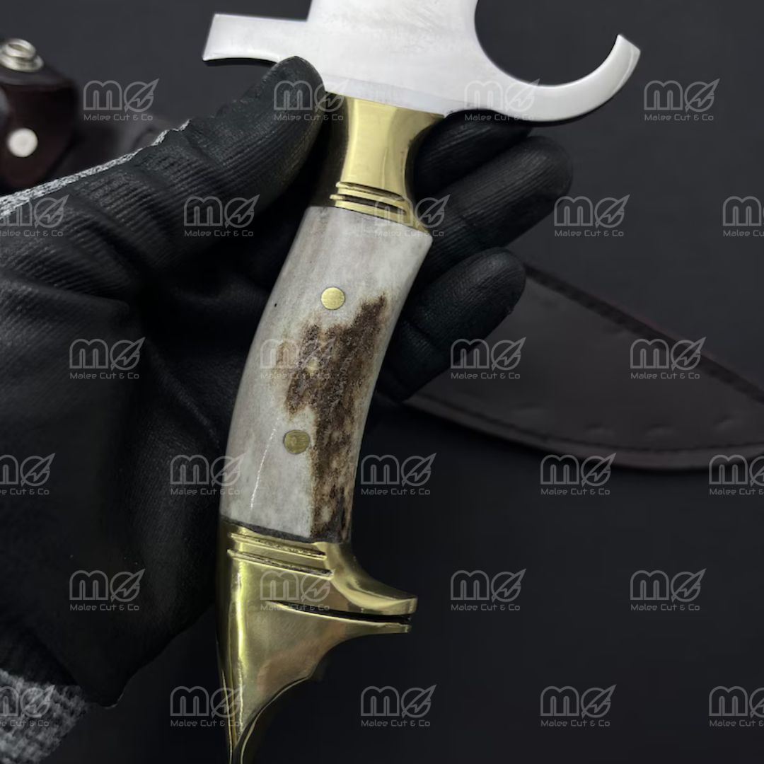 Custom Handmade Hunting Knife With Deer Antler & Wolf Brass Guard