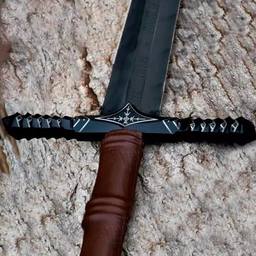Hand-Forged Damascus Steel Sword – Engraved Guard, Leather Handle