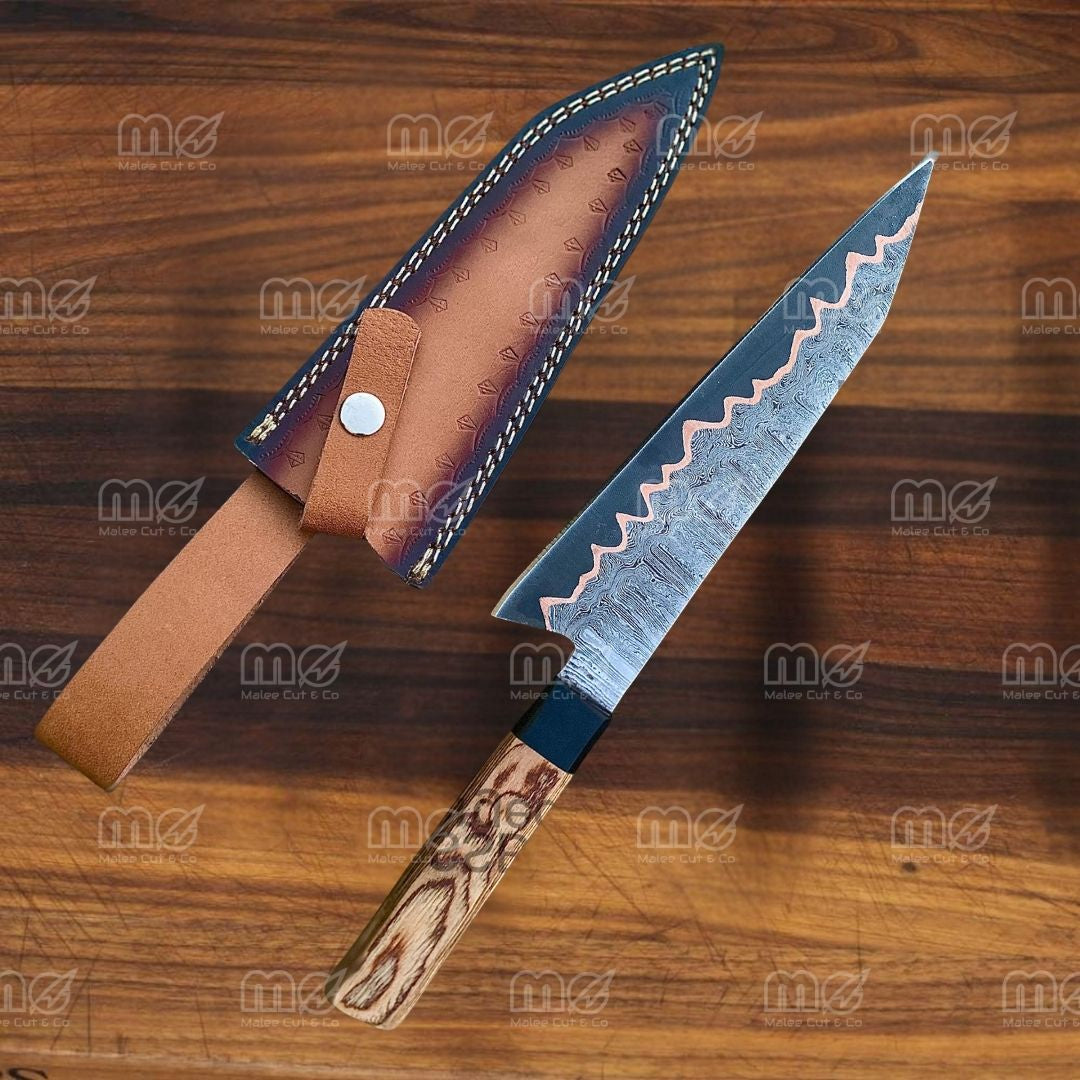 Handmade Copper Damascus Chef Knife | Resin & Pakka Wood Handle
