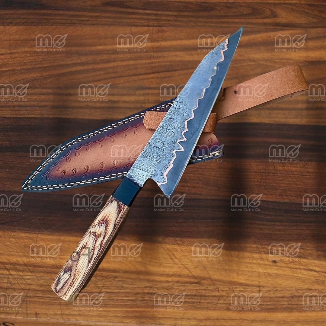 Handmade Copper Damascus Chef Knife | Resin & Pakka Wood Handle