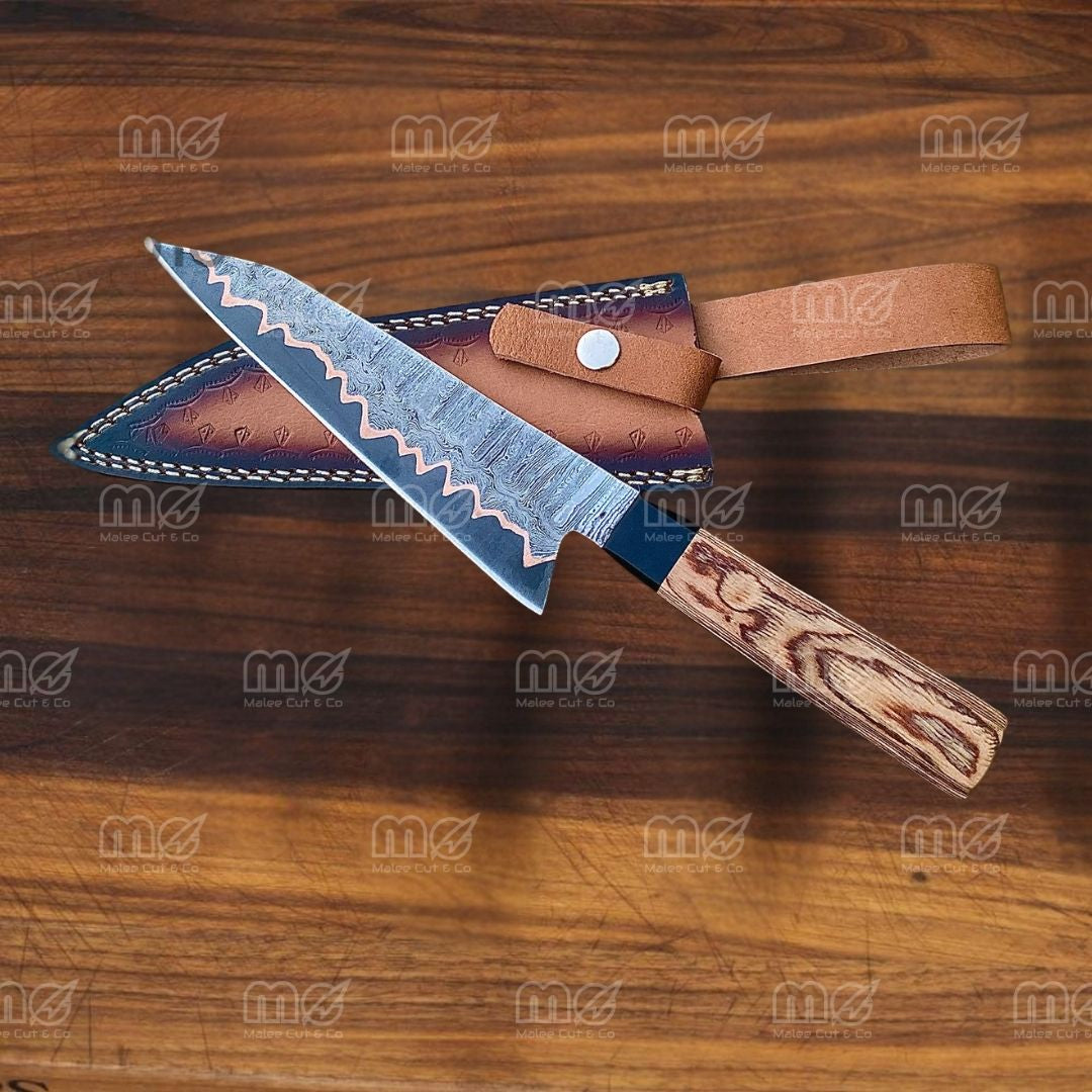 Handmade Copper Damascus Chef Knife | Resin & Pakka Wood Handle