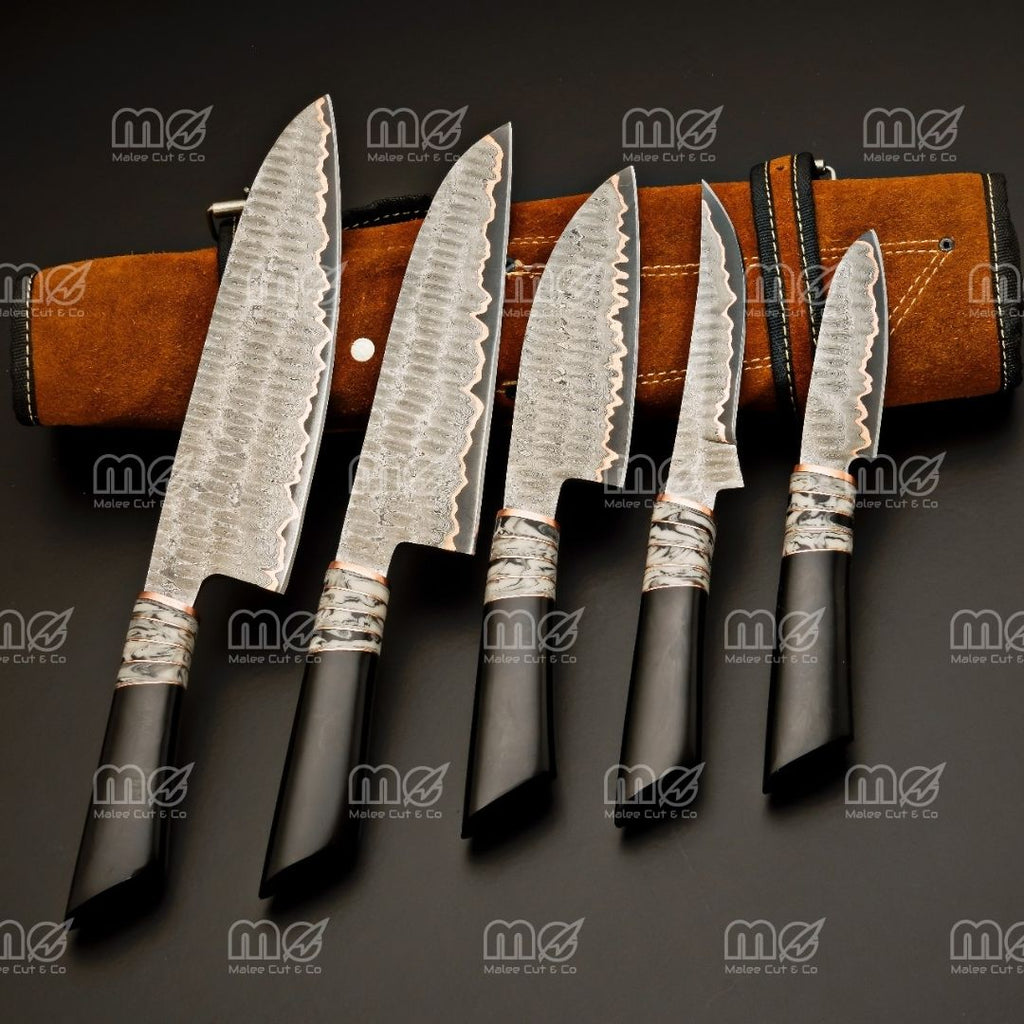 Handmade Copper Damascus Chef Knife Set | Cu-Mai Japanese Style