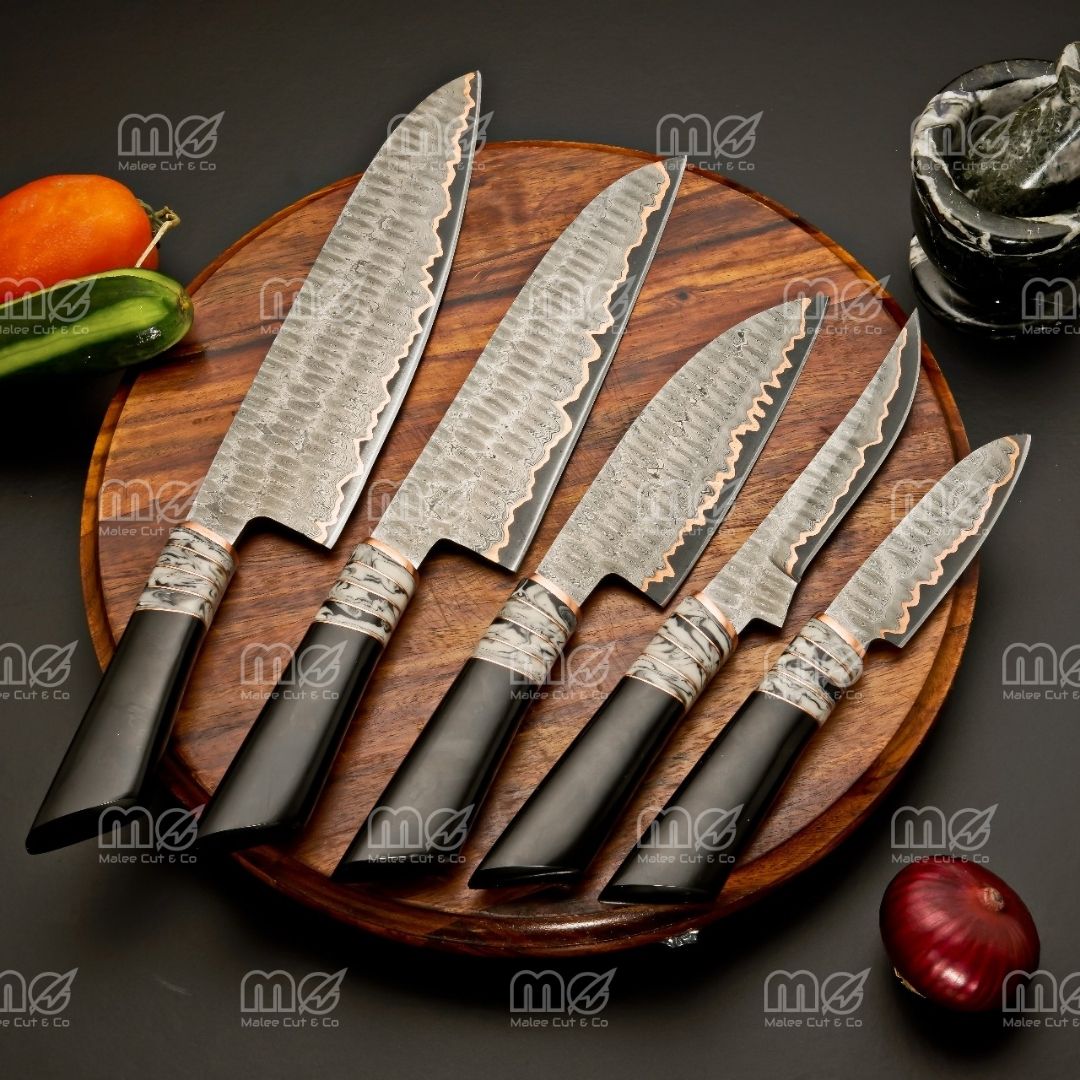 Handmade Copper Damascus Chef Knife Set | Cu-Mai Japanese Style