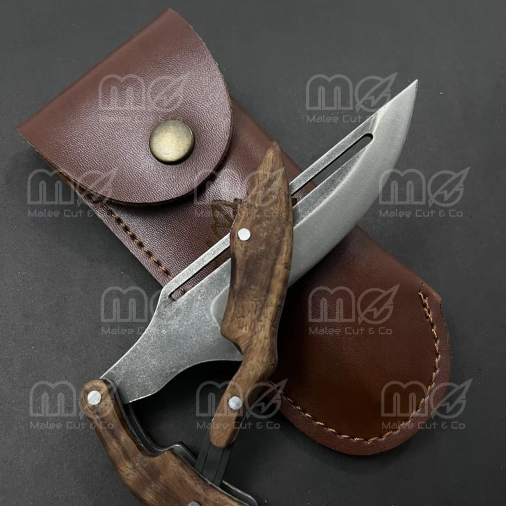 Handmade Damascus Steel Folding Pocket Knife with Leather Case