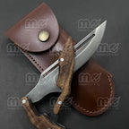 Handmade Damascus Steel Folding Pocket Knife with Leather Case