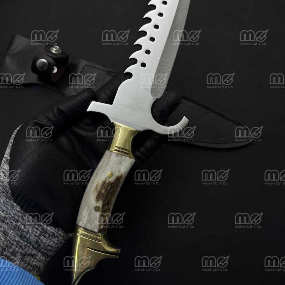 Custom Handmade Hunting Knife With Deer Antler & Wolf Brass Guard