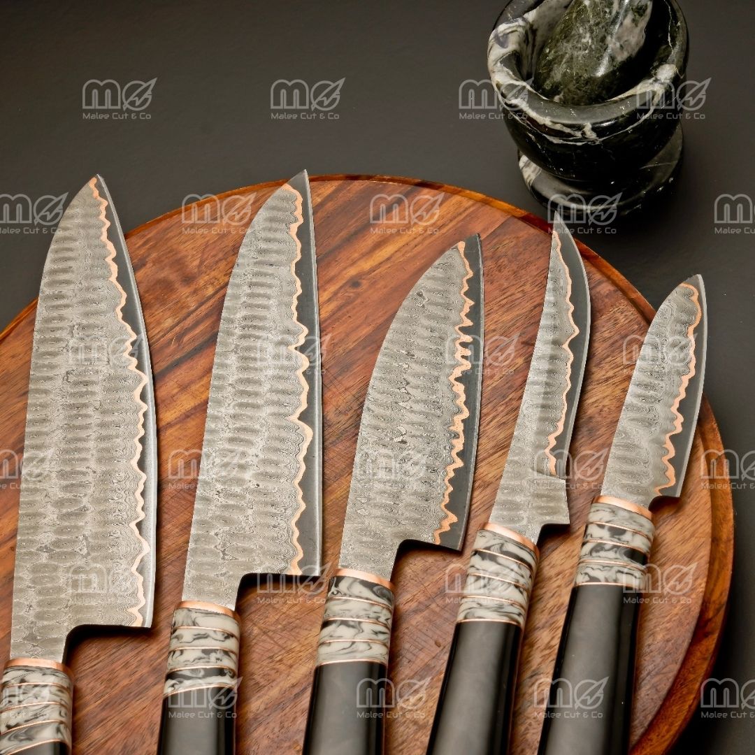 Handmade Copper Damascus Chef Knife Set | Cu-Mai Japanese Style