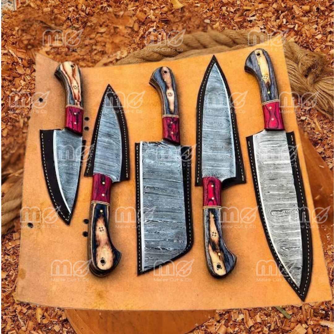 5-Piece Luxury Handmade Kitchen Knives Set With Walnut Wood Handles