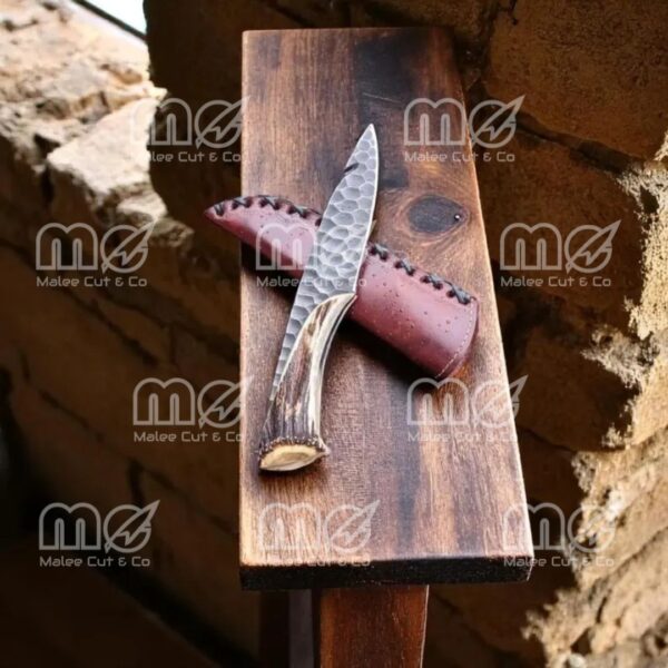 Handmade Damascus Steel Bowie Knife | Real Stag Crown Handle & Leather Sheath