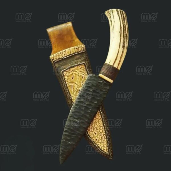 Custom Handmade Carbon Steel Hunting Knife with Stag Horn Handle & Leather Sheath