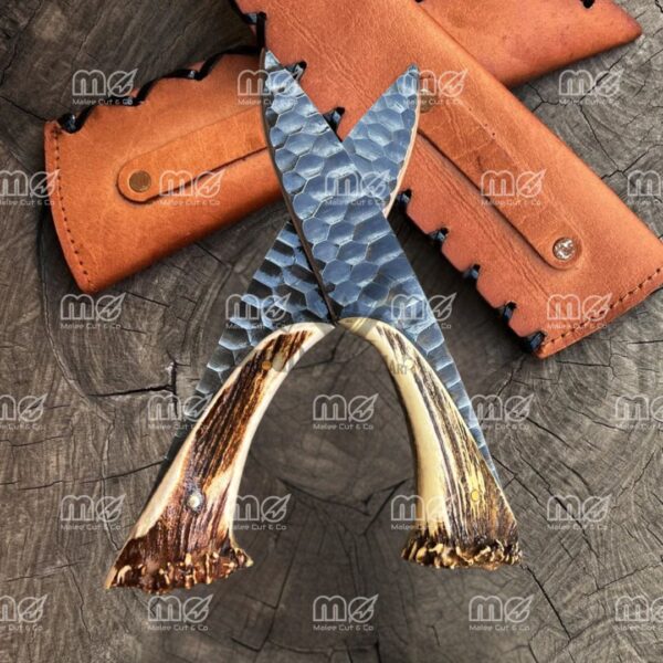 Custom Handmade Deer Antler Handle Hunting Knife Set With Leather Sheath