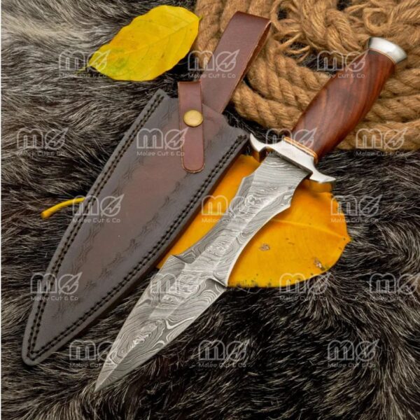 Hand-Forged Damascus Steel Bowie Knife – Rosewood Handle, Full Tang Blade & Leather Sheath | Custom Hunting & Survival Knife | Gift for Him