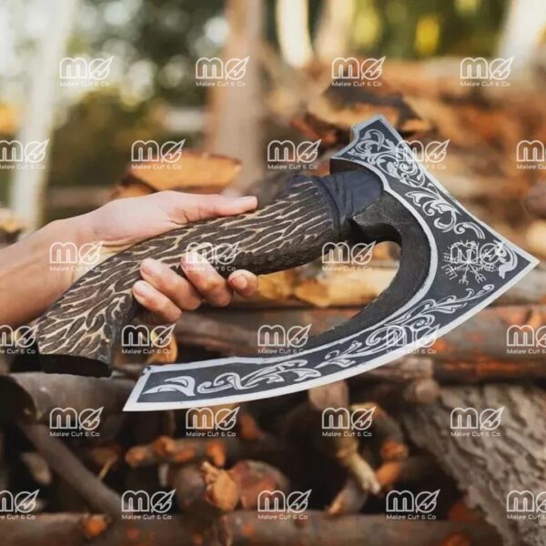 Hand Forged Viking Pizza Cutter Axe With Carbon Steel Blade, Ash Wood Handle & Leather Sheath