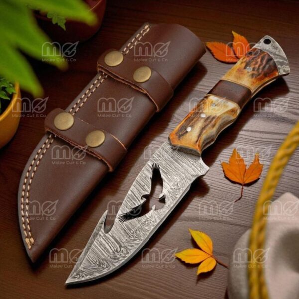 Hand-Forged Damascus Hunting & Skinning Knife – Personalized Gift with Leather Sheath