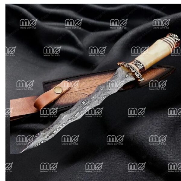 Hand Forged Wavy Damascus Dagger | Camel Bone Handle