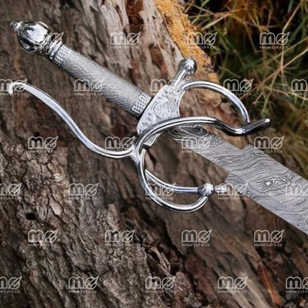 Hand Forged Damascus Steel Rapier Sword with Leather Sheath