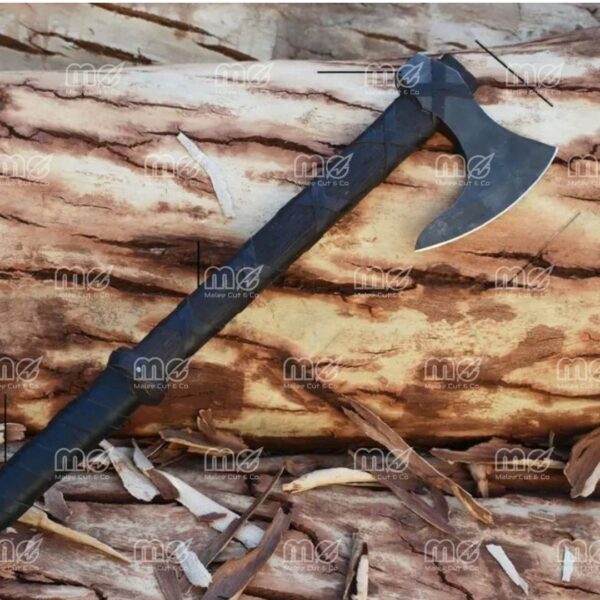 Hand-Forged King Ragnar Viking Axe | Black Steel Camping Axe with Leather Sheath