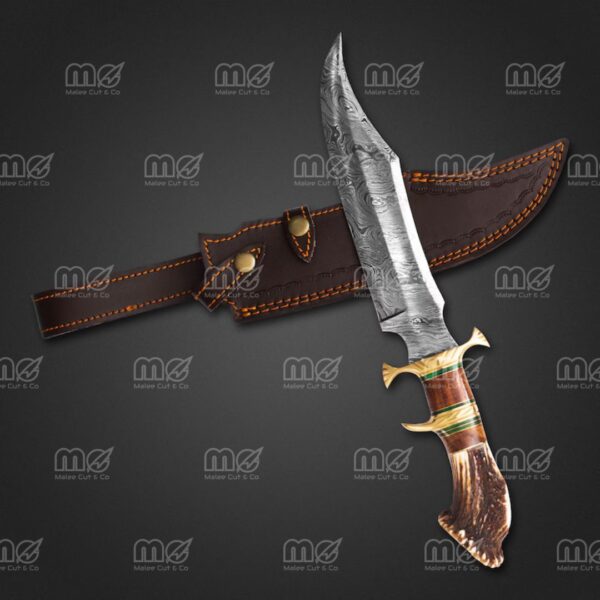 Handmade Damascus Steel Hunting Knife With Stag Antler Handle