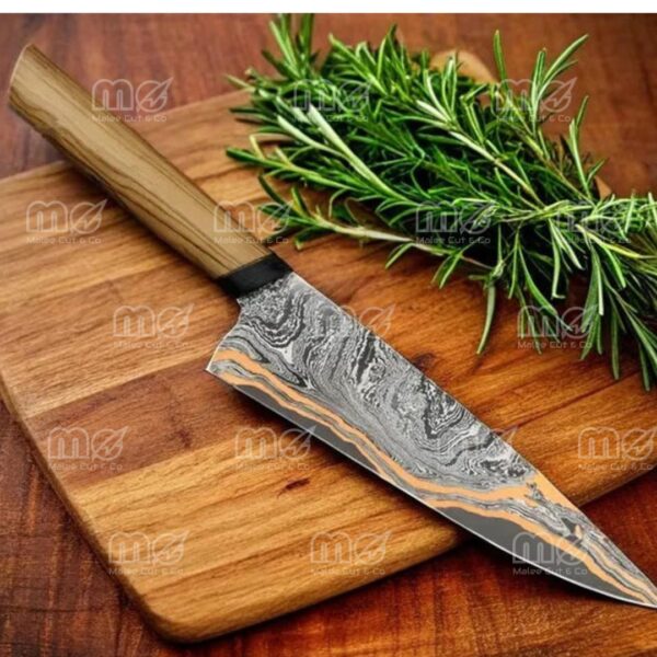 Handmade VG10 Damascus Chef Knife – Olive Wood Handle With Leather Sheath
