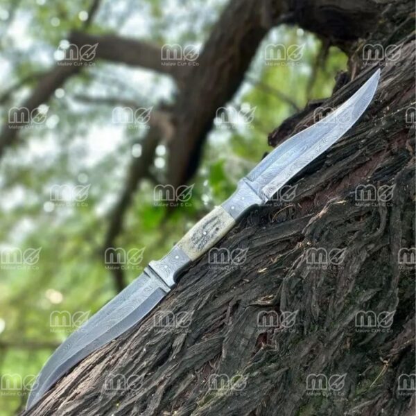 Handmade Damascus Double Blade Knife – Stag Antler & Wood Handle