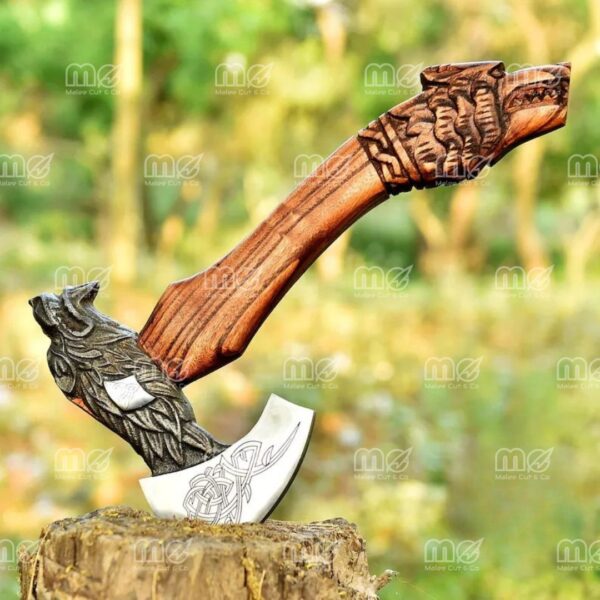 Custom Wolf Viking Axe – Hand Forged Carbon Steel Bearded Axe With Leather Sheath
