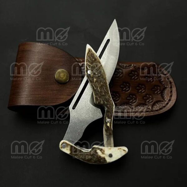 Handmade Damascus Steel Folding Pocket Knife with Leather Case