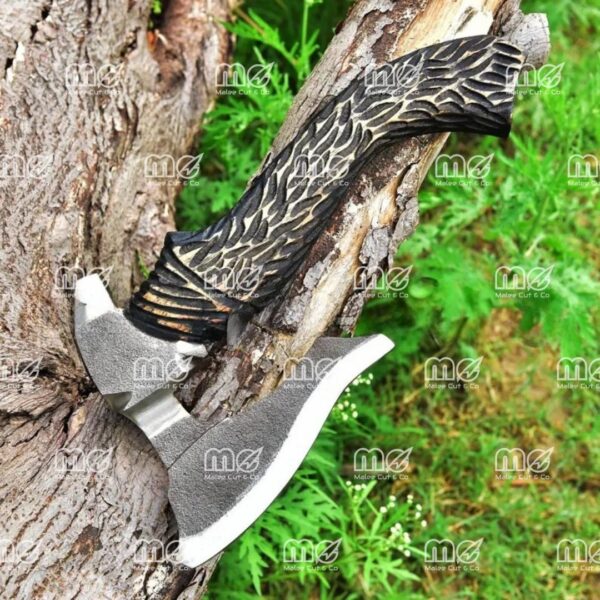 Hand Forged Viking Pizza Cutter With Stainless Steel Blade, Wolf & Leaves Etching, Engraved Ash Wood Handle, and Leather Sheath