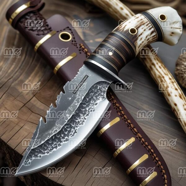 Handmade High Carbon Steel Bowie Knife – Stag Antler Handle With Leather Sheath
