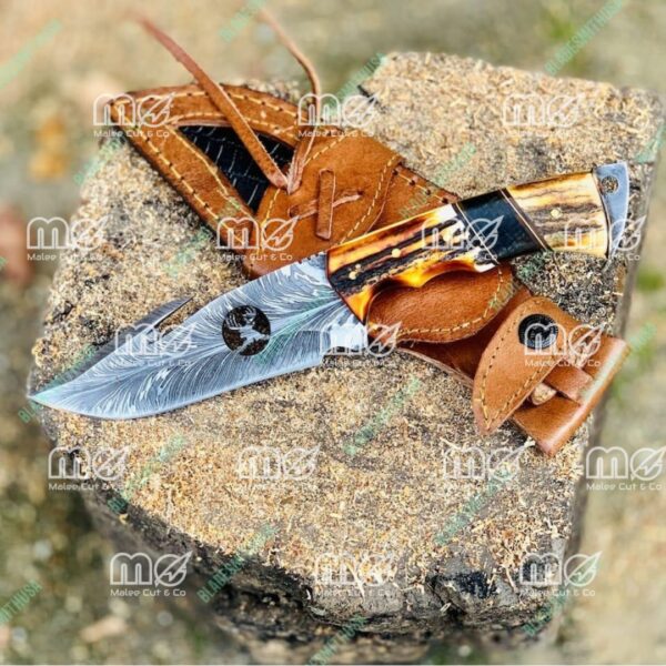 Personalized Handmade Damascus Hunting Knife With Stag Horn Handle