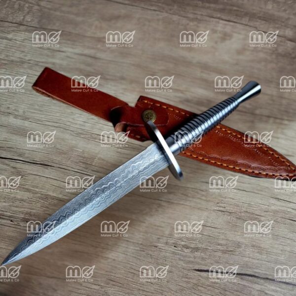 British Commandos Damascus Dagger 30 cm Blade With Leather Sheath
