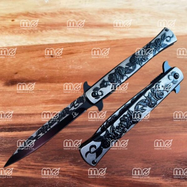 9" Vintage Black Rose Spring Assisted Folding Knife