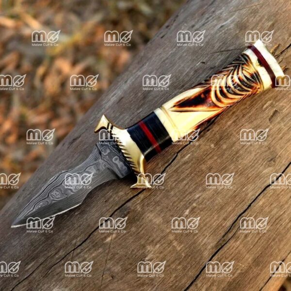 7.5" Handmade Damascus Steel Dagger Knife – Brass Guard, Engraved Bone Handle