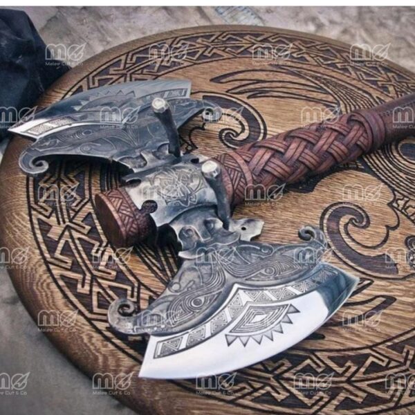 Elegant Double-Head Viking Axe with Leather Case