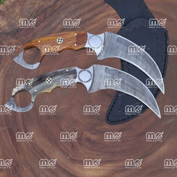 Premium Custom Damascus Steel Karambit Knife – Handmade Bowie Knife With Rosewood & Sheep Horn Handle